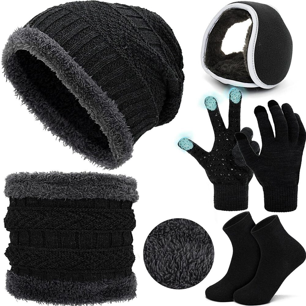 1807 5 Pcs Hat Scarf Gloves Set Black Beanie Hats Winter Scarf Touch Screen